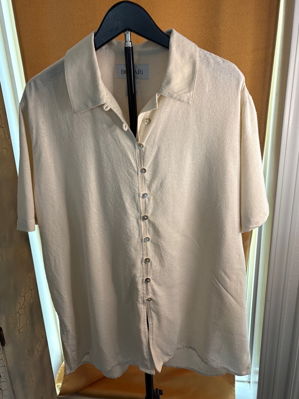 Bogari Beige Short-Sleeve Button-Up Shirt Silk Linen Blend Resortwear Beach Sz L